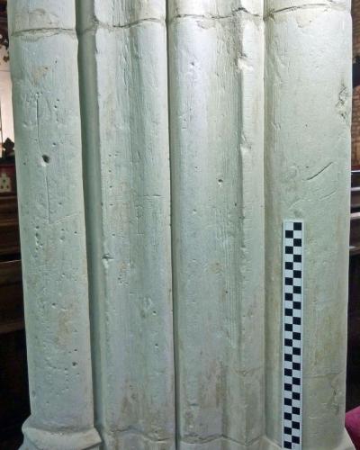 1. Multiple marks including circles, ladder, lines, holes and letter P. Pier, north aisle.