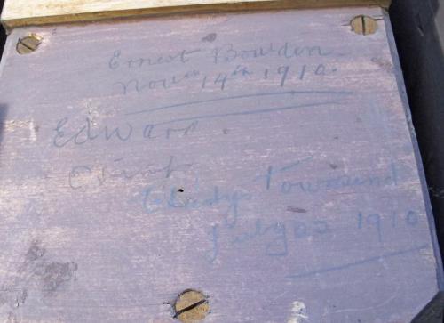 Ipplepen 11. Organ casing. Names &  1910 dates.