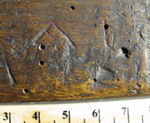 3. A with v shaped crossbar, & ?letter I. Possible Marian reference. Chancel screen.