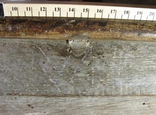 3. Probable W (blue highlight) & other marks to right. South chapel parclose screen. 