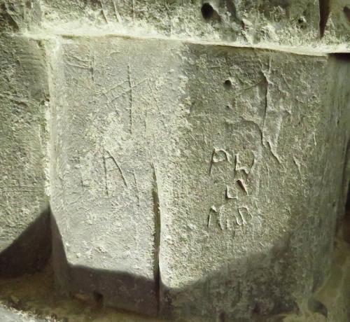 4. Inverted V V or W; inverted V; asterisk; initials; deep score mark. S. aisle pier. 