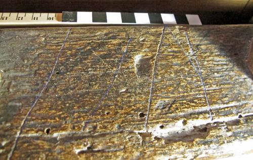 4. Scored diagonal & other lines (blue highlight). South chapel parclose screen.