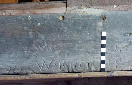 6.  Initials & date WR 1867 & other. Gallery rail.