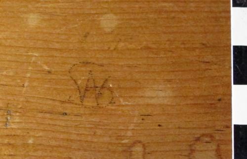 7. Possible W A ligature on bench bookrest. ?20th century.