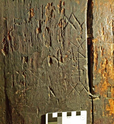 9. Merchants mark, incorporating reversed '4' type symbol, and letter R. Inverted W above. Back of rood screen. 