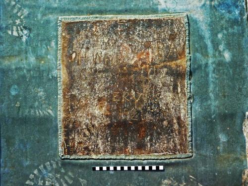 9. Names and dates including 1862  & 1924. Old retained piece of roofing lead.