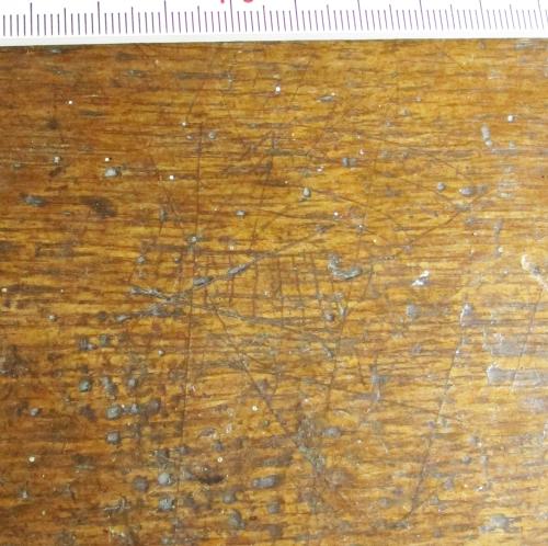 7. Crossed lines or grid and other marks, some with banded infill. Middle aisle bench.