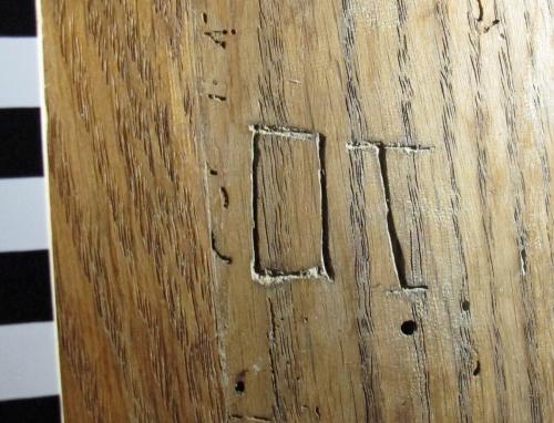 Broadhempston 13. N. chapel rood screen. Letters OT.