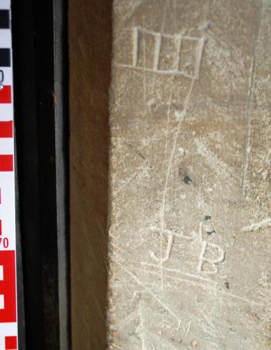 4. Ladder motif (probably apotropaic), initials J B & other. Tower, N. doorway.