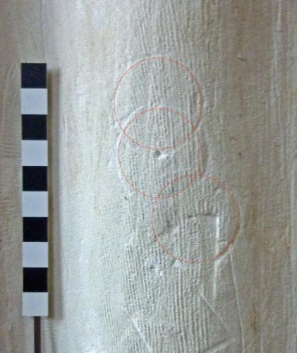 1. Compass drawn circles (red highlight). North arcade pier.